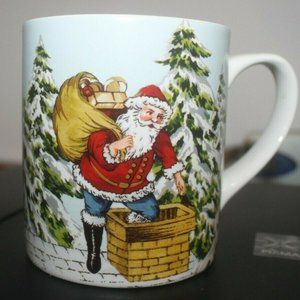 WILLIAMS SONOMA Santa on roof with bag by chimney Christmas trees GOLD moon New…